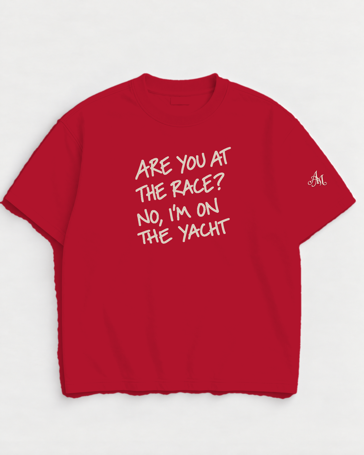 Riviera Red t-shirt with embroidered Are You At The Race? No, I'm On The Yacht