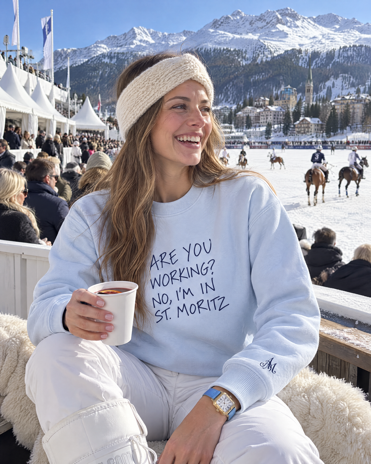 Ice blue crewneck Are You Working? at snow polo on the frozen lake of St. Moritz