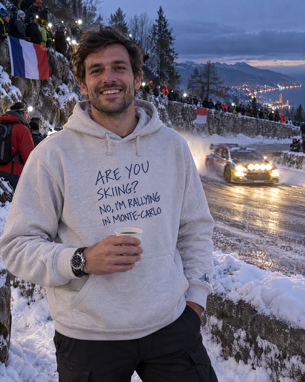 Heather grey hoodie Are You Skiing? at the Col de Turini during the Monte-Carlo rally