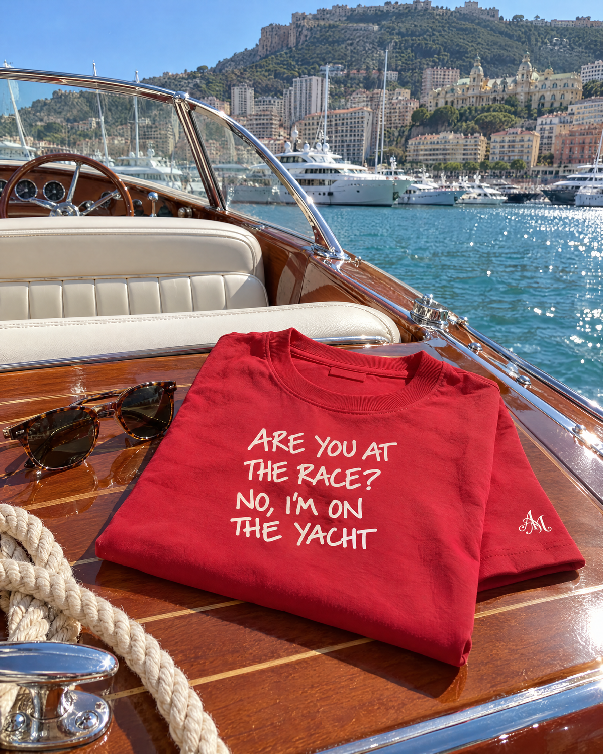 Red t-shirt on a classic wooden speedboat in Monaco